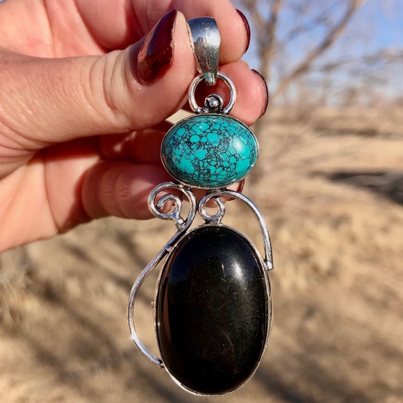 Sterling Silver Oval Turquoise And Onyx Pendant - Picture 2 of 5